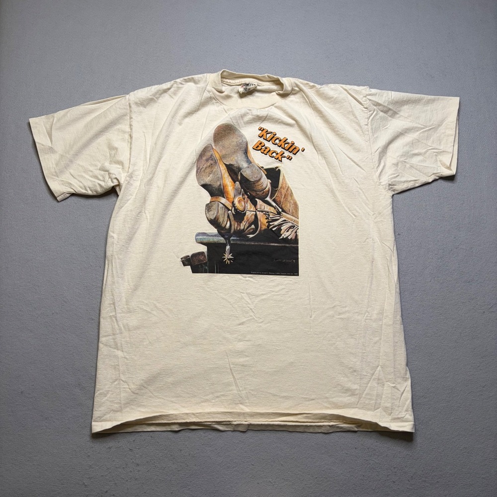 Oneita T-Shirt Mens XL Cream Kickin Back 1993 Joseph DeLong Vintage Western USA